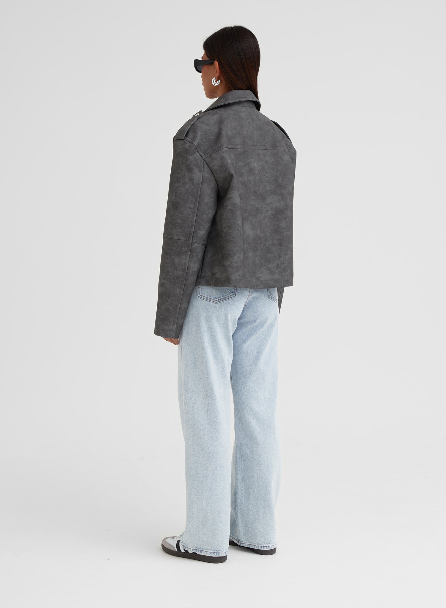 Grey Washed Faux Leather Biker Jacket